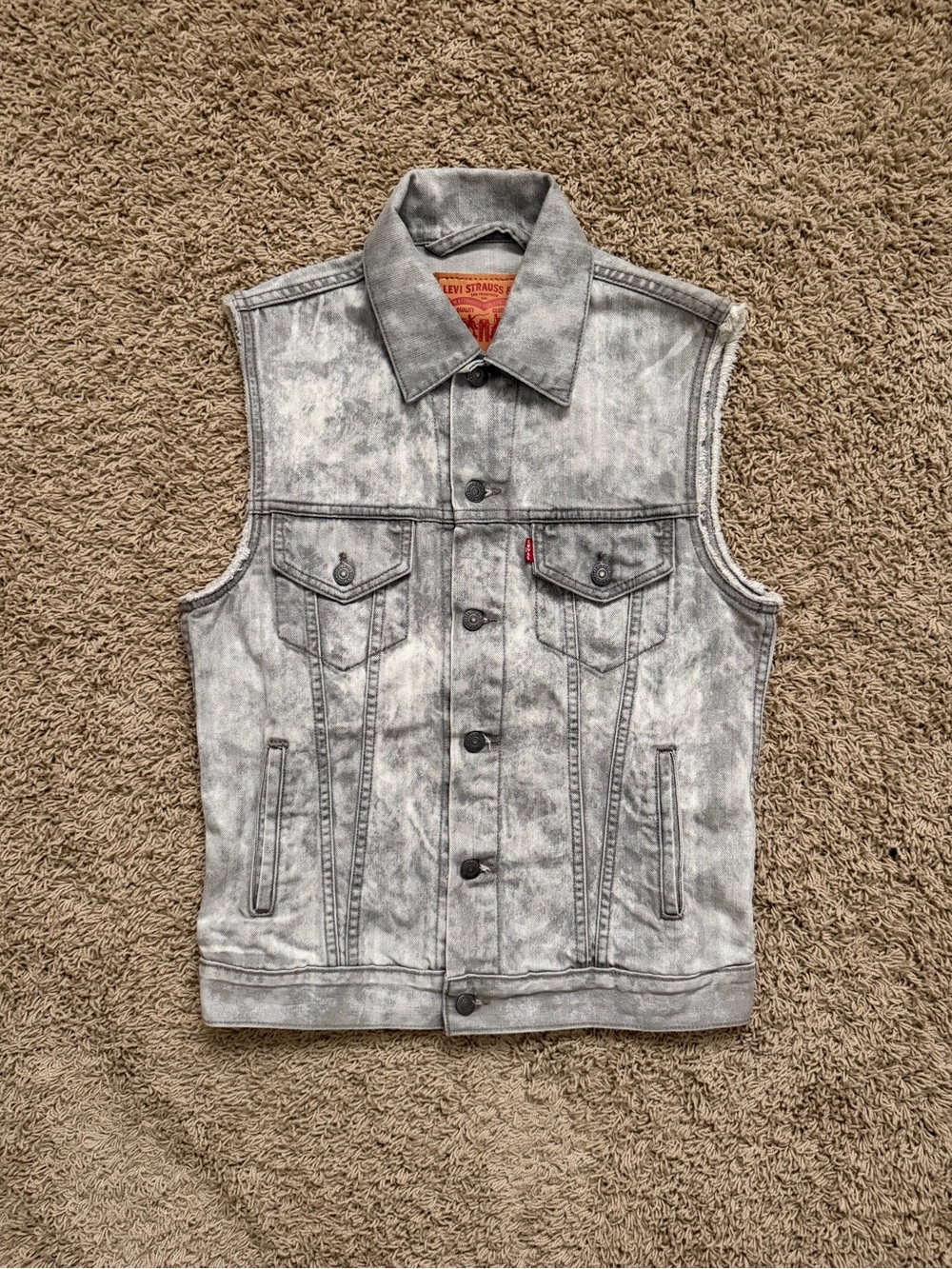 Levi's Jean Trucker Vest Sz Small Gray Acid Wash Distressed Biker Grunge Western - Picture 1 of 3